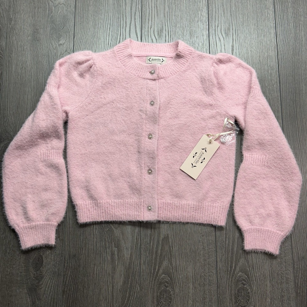 Nanette Lepore Nwt Pink Eyelash Knit Cardigan Rhinestone Puff Sleeve Sweater